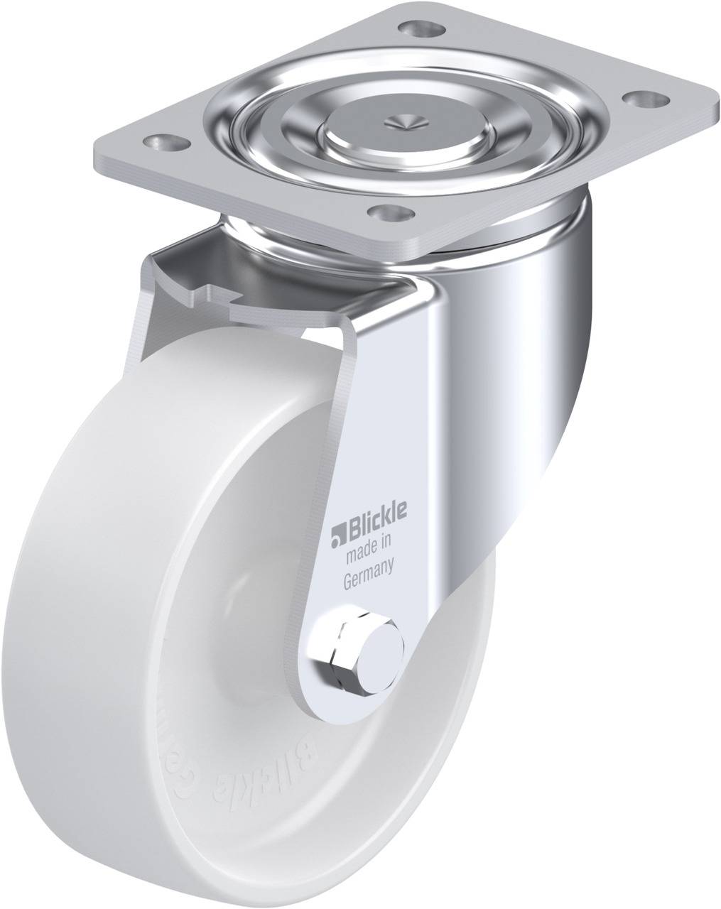 Metallrolle mit weißem Rad und Befestigungsplatte, geeignet für Möbel oder Geräte. Markiert mit 'Blickle made in Germany'.