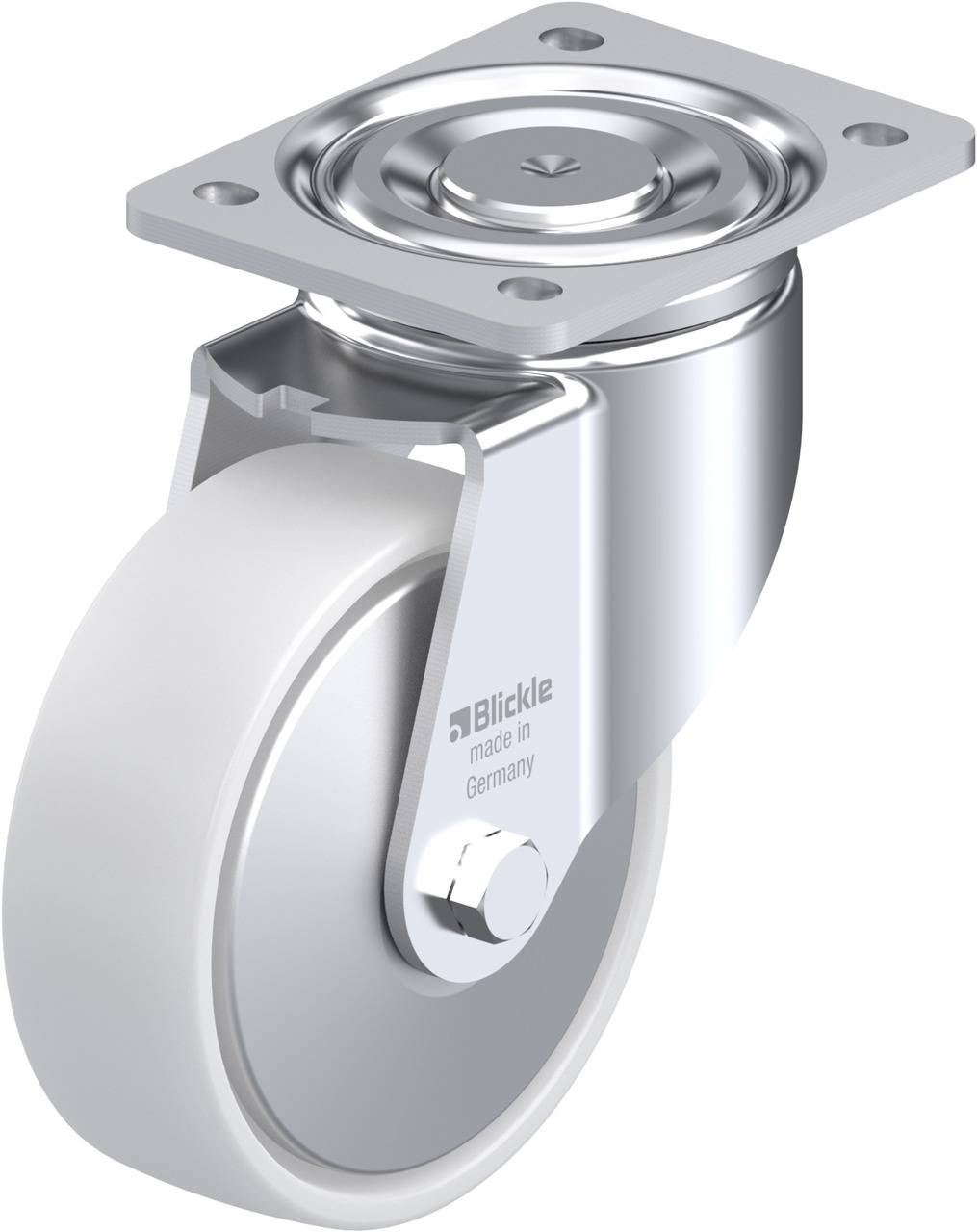 Schwenkrolle aus Metall mit weißem Rad und Befestigungsplatte. Aufschrift 'Blickle made in Germany' auf der Halterung.