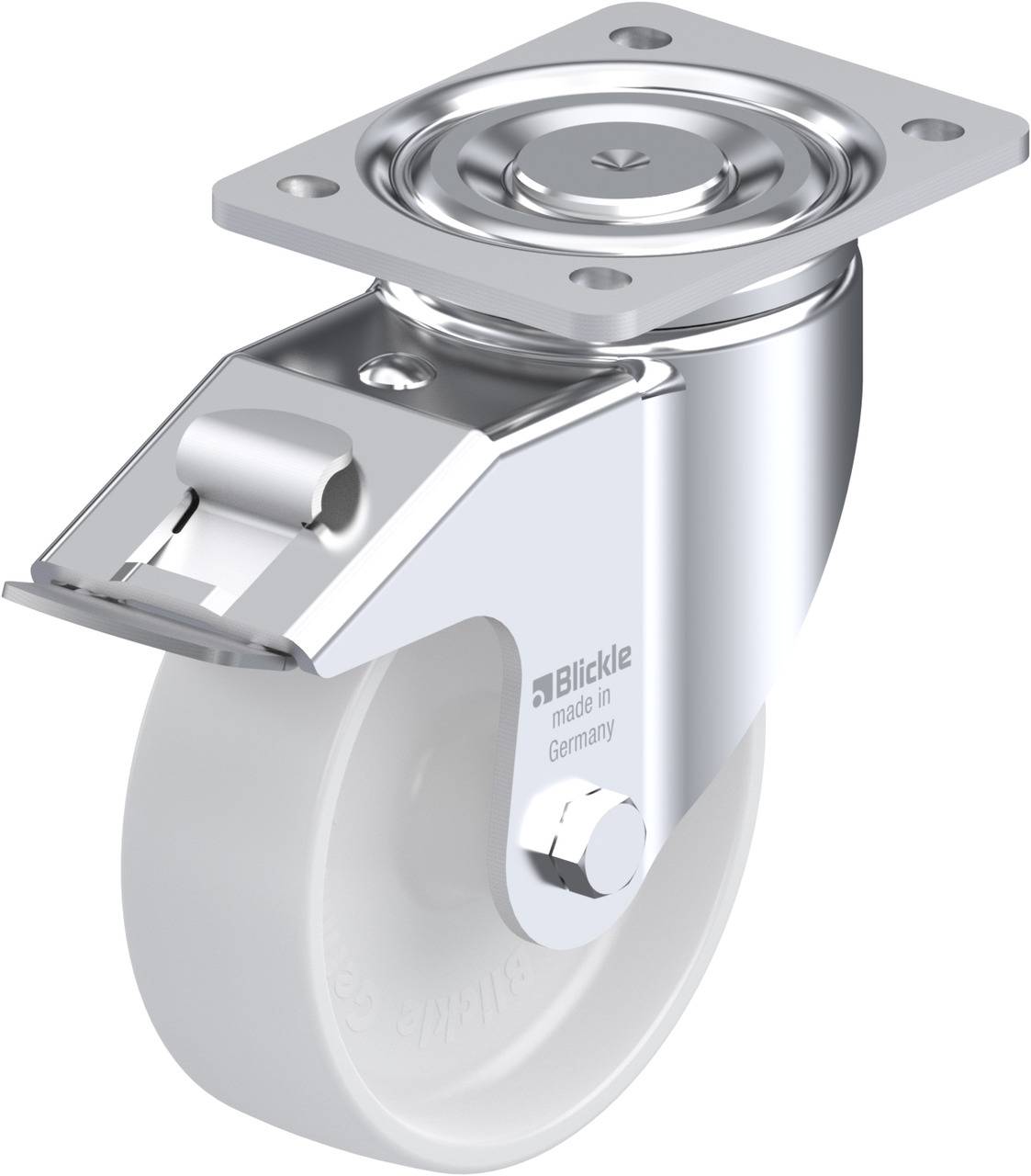 Schwenkrolle mit weißem Rad und Metallhalterung, geeignet für Möbel und Geräte, gefertigt in Deutschland, stabil und langlebig.
