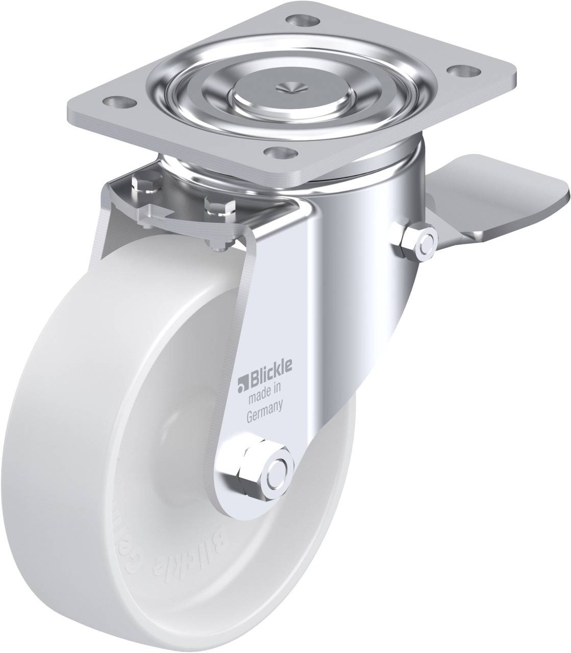 Ein drehbares Lenkrolle aus Metall mit weißem Rad, Aufschrift 'Blickle made in Germany'. Geeignet für Möbel oder Industriewagen.