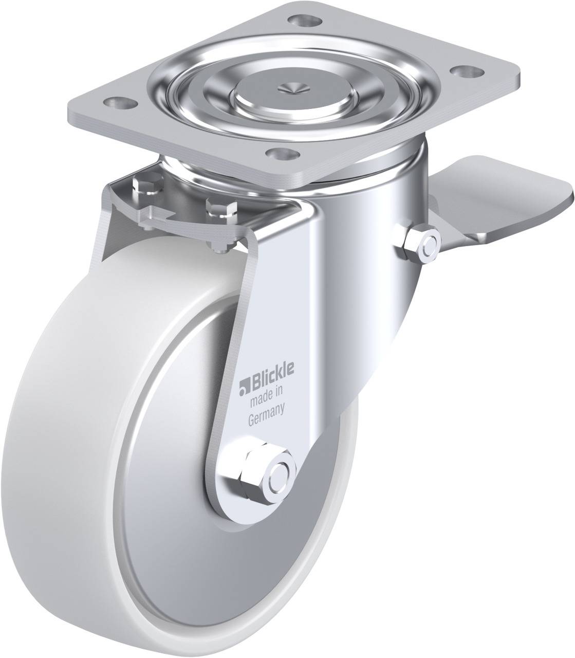Schwenkrolle aus Metall mit Bremsvorrichtung, geeignet für schwere Lasten. Markierung zeigt 'Blickle made in Germany'.
