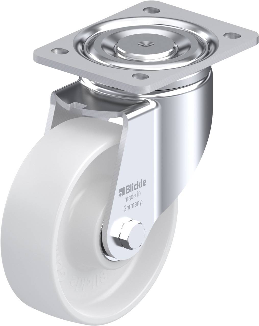 Metallisches Laufrollenrad mit weißem Kunststoffrad, montiert an einer rechteckigen Metallplatte mit vier Schraubenlöchern für Befestigung.