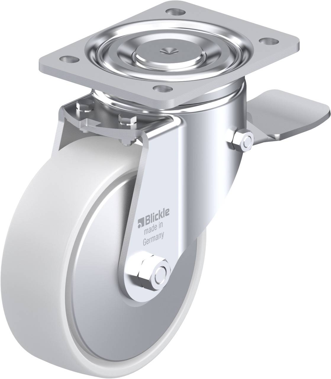 Rollenrad mit Metallgabel, Aufschrift 'Blickle made in Germany'. Drehbar um die Achse mit Feststellhebel. Verwendbar für Mobilität von Geräten.