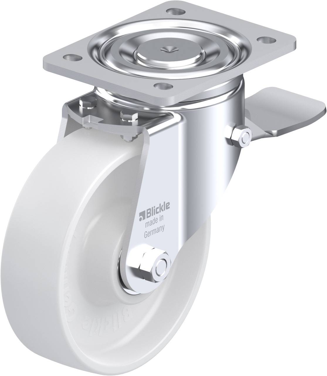 Ein silbernes, drehbares Rollengehäuse mit weißem Rad. Aufdruck 'Blickle made in Germany'. Geeignet für industrielle Anwendungen.