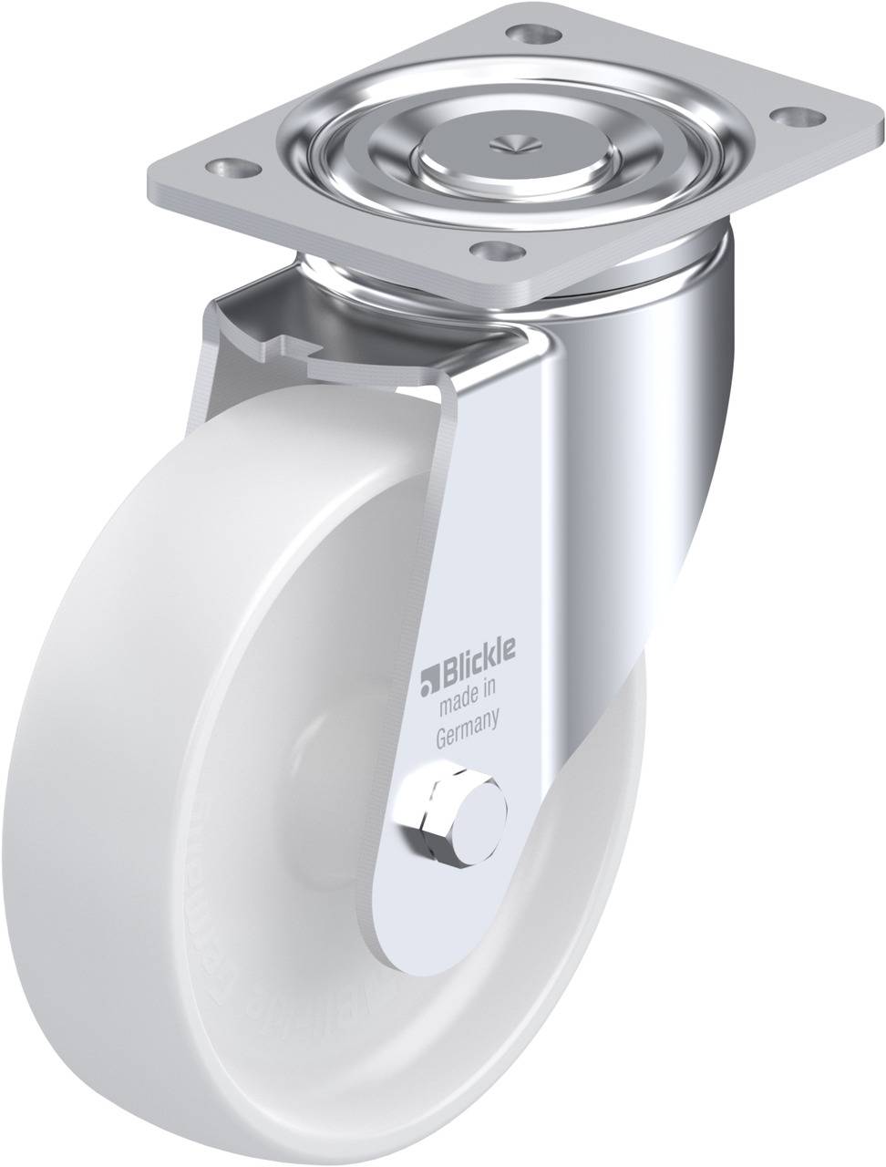 Schwenkrolle mit Metallplatte und weißem Rad, Marke 'Blickle', hergestellt in Deutschland. Geeignet für Möbel- oder Gerätebewegung.