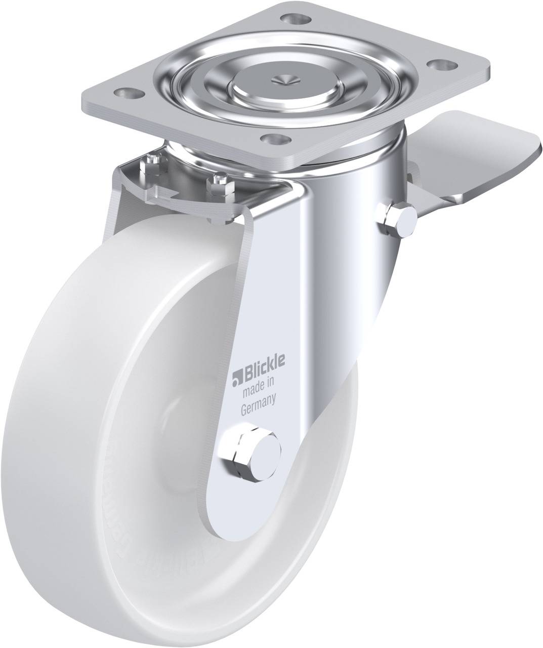 Ein weißes Kunststoffrad mit Metallhalterung und drehbarem Flansch, von 'Blickle'. Geeignet für den Einsatz in Industrieausrüstung.