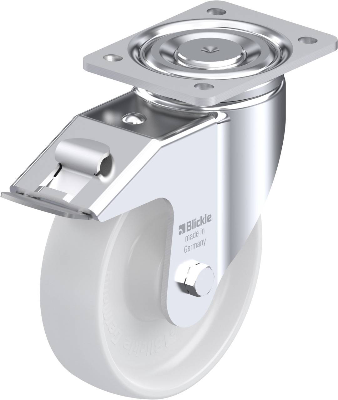 Drehrad mit Platte und Rollenlager, silbernes Gehäuse mit weißem Rad.