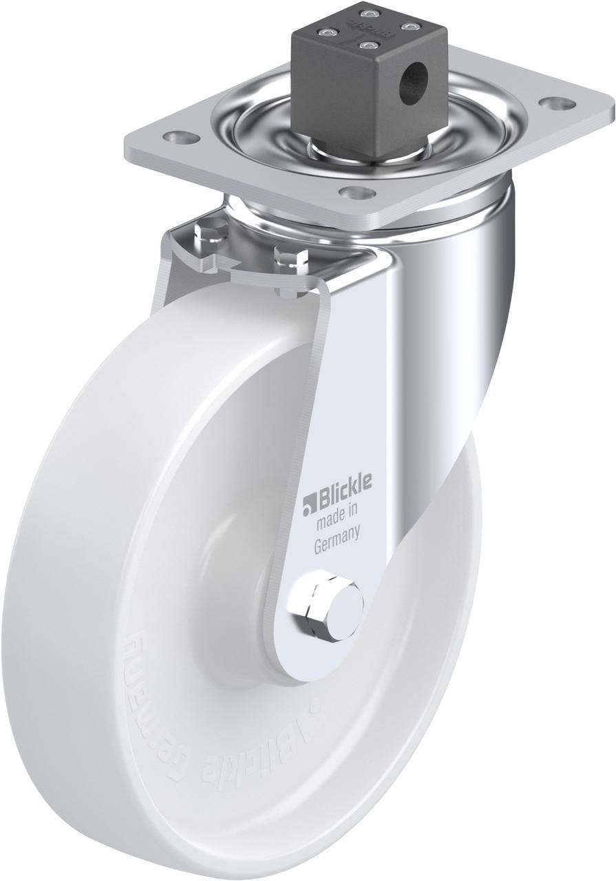Schwenkrolle mit weißem Rad und silbernem Gehäuse, produziert in Deutschland.