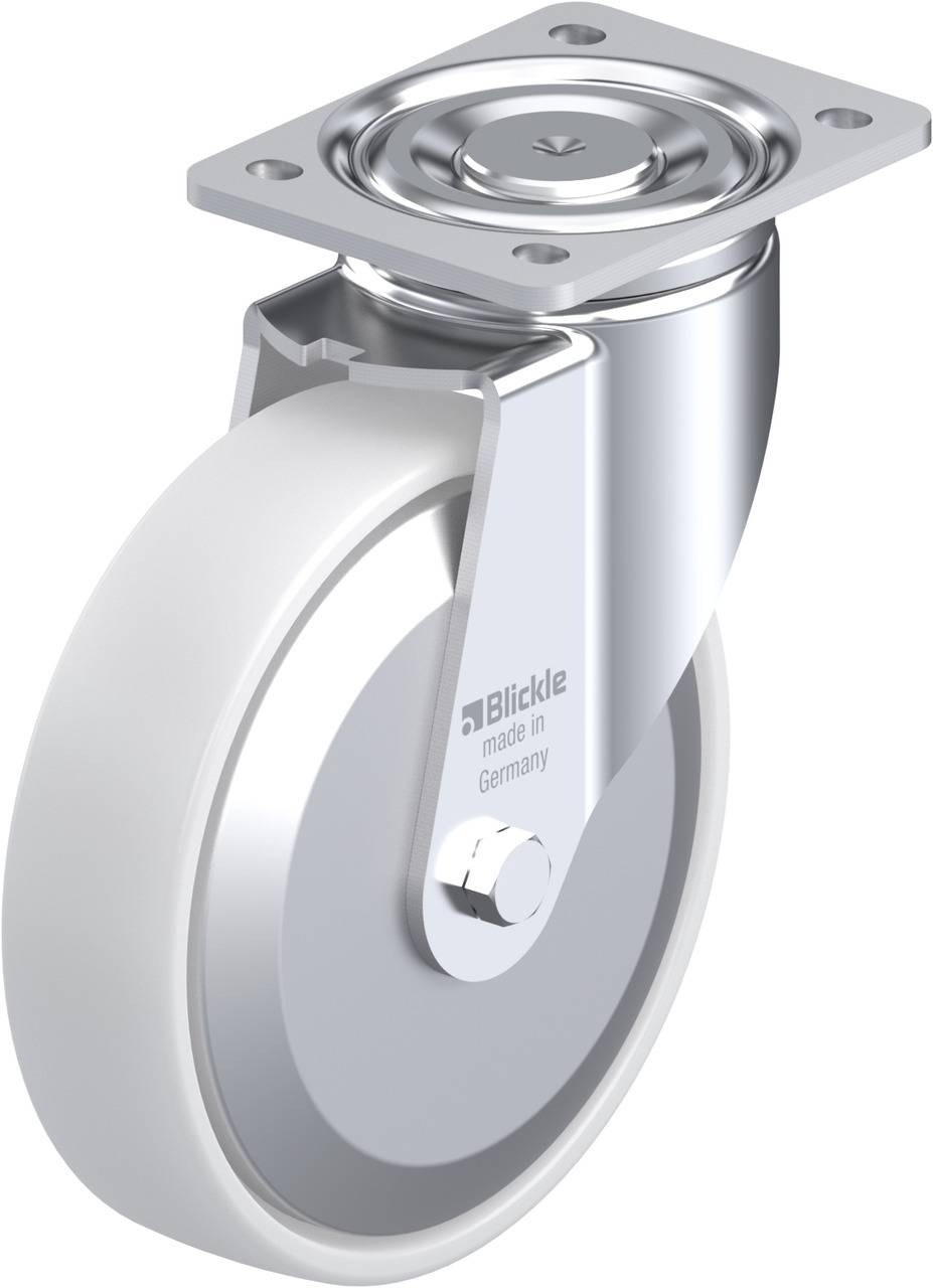 Eine schwenkbare Industrie-Lenkrolle aus Metall mit einer grauen Gummibereifung, geeignet für vielseitige Anwendungen auf glatten Oberflächen.