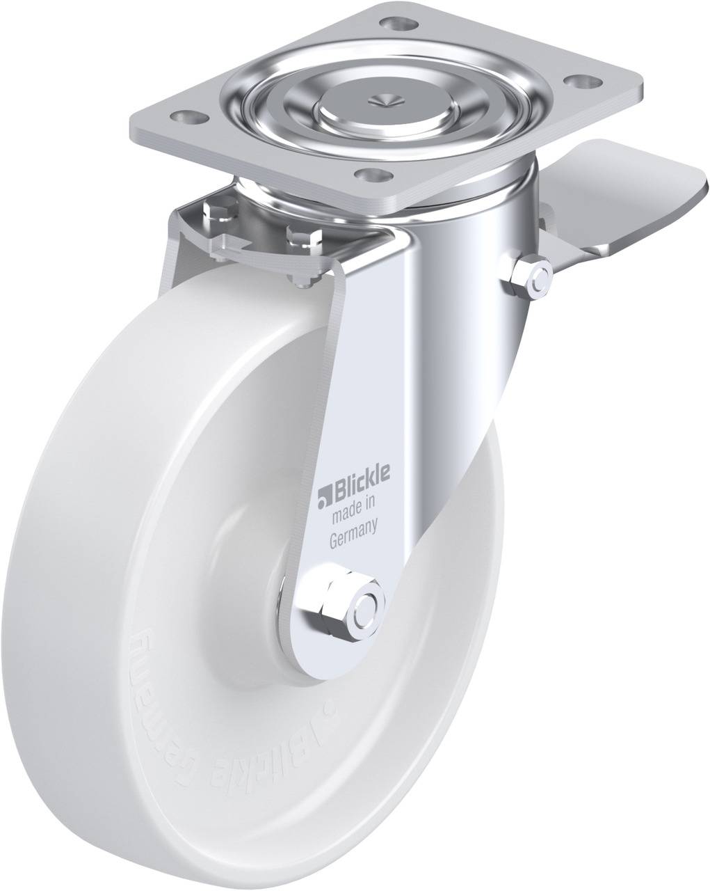 Ein weißes, stabiles Rad mit metallischer Halterung für Industrieanwendungen. Oben ist eine rechteckige Platte zur Befestigung sichtbar.