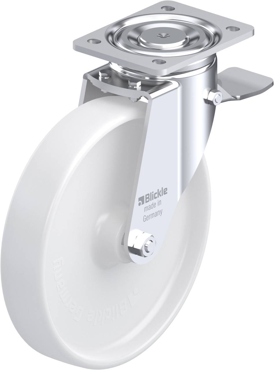 Eine weiße Lenkrolle mit Aufschrift 'Blickle made in Germany', montiert auf einer glänzenden Metallhalterung mit einem Hebel.