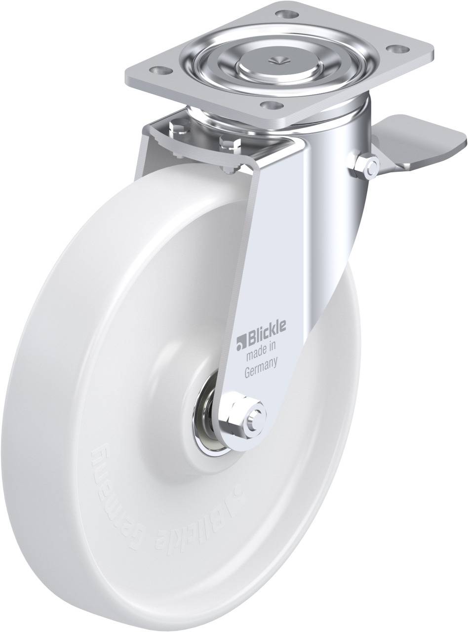 Drehbares Rad mit Feststellbremse, silbernes Metallgehäuse und weißer Kunststoffreifen, geeignet für Industrieanwendungen.