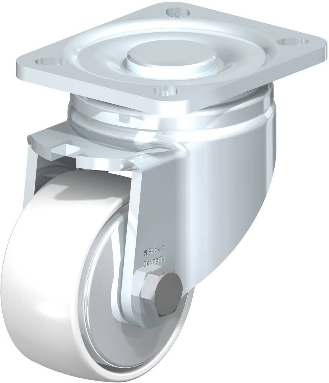 Schwenkrolle aus Metall mit weißem Rad und Befestigungsplatte, häufig für Möbel oder industrielle Anwendungen verwendet.