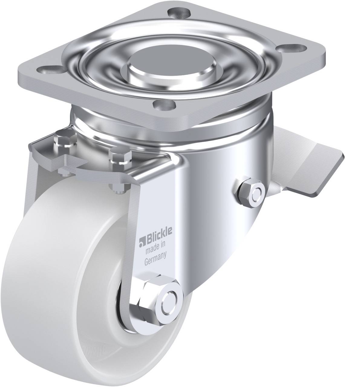 Hochwertige Lenkrolle aus Metall mit weißem Rad, hochwertigem Kugellager und 'made in Germany'-Beschriftung.