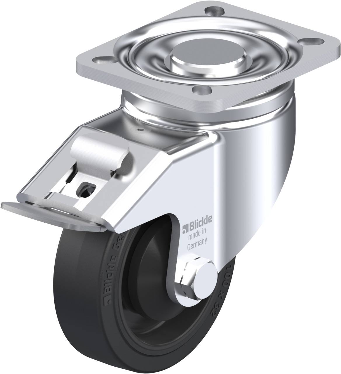 Eine silberne, schwenkbare Rolle mit schwarzem Rad und Befestigungsplatte, geeignet für Möbel oder Transportgeräte.