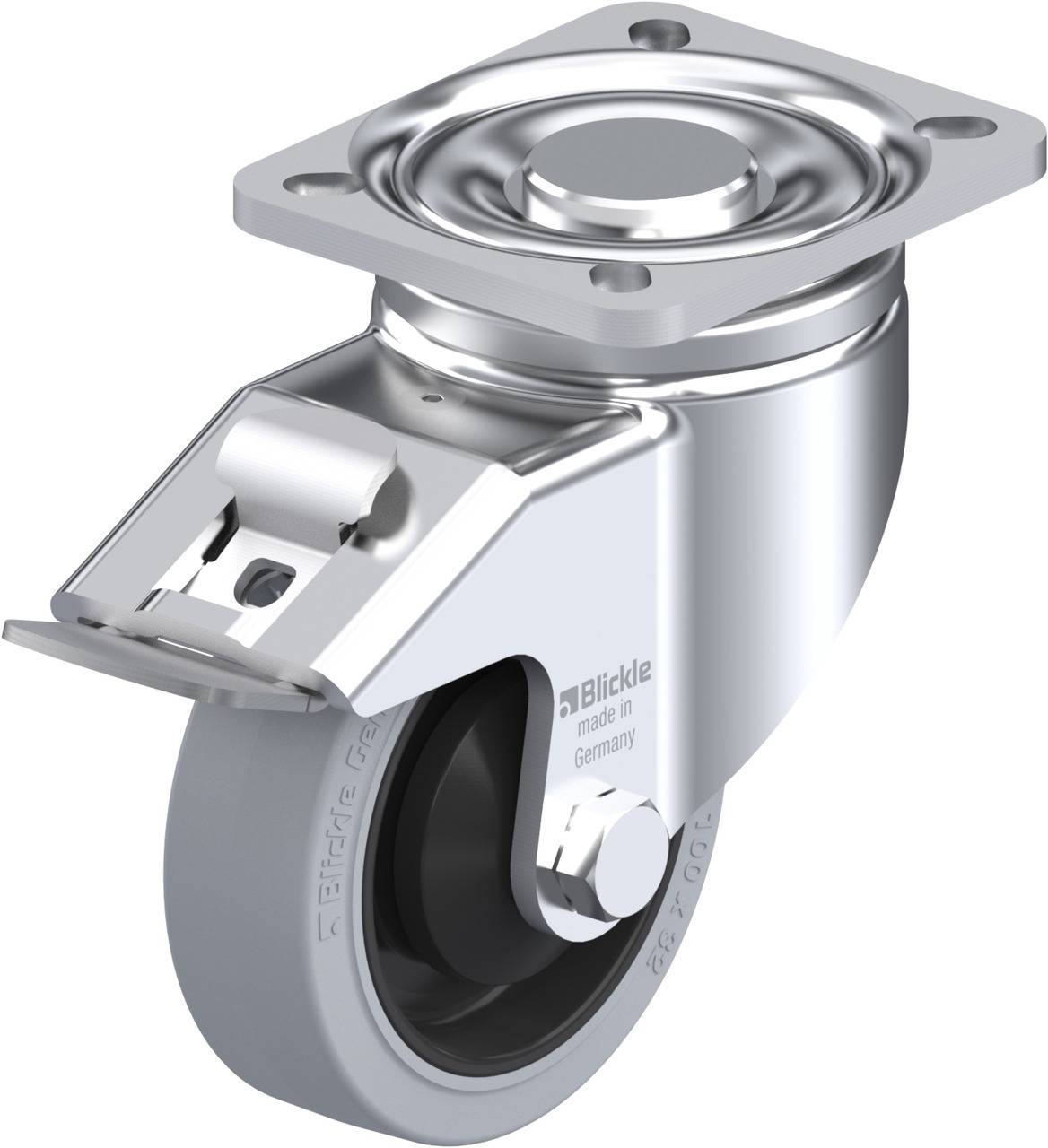 Industrie-Lenkrolle aus Metall mit schwarzem Rad, montierbarer Platte und Bremsmechanismus, beschriftet mit 'Blickle made in Germany'.