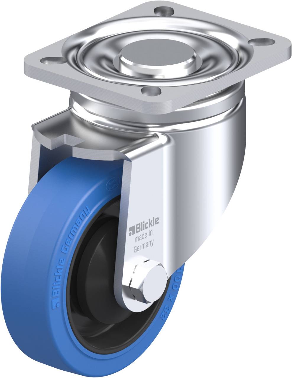 Schwenkrolle mit blauer Gummilauffläche und silbernem Metallgehäuse, geeignet für Fahrzeuge oder Möbel mit hoher Mobilität.