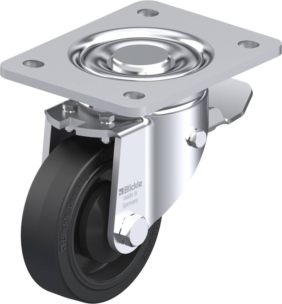 Industrie-Lenkrolle aus Metall mit schwarzem Rad, geeignet für schwere Lasten, montiert an einer rechteckigen Metallplatte.