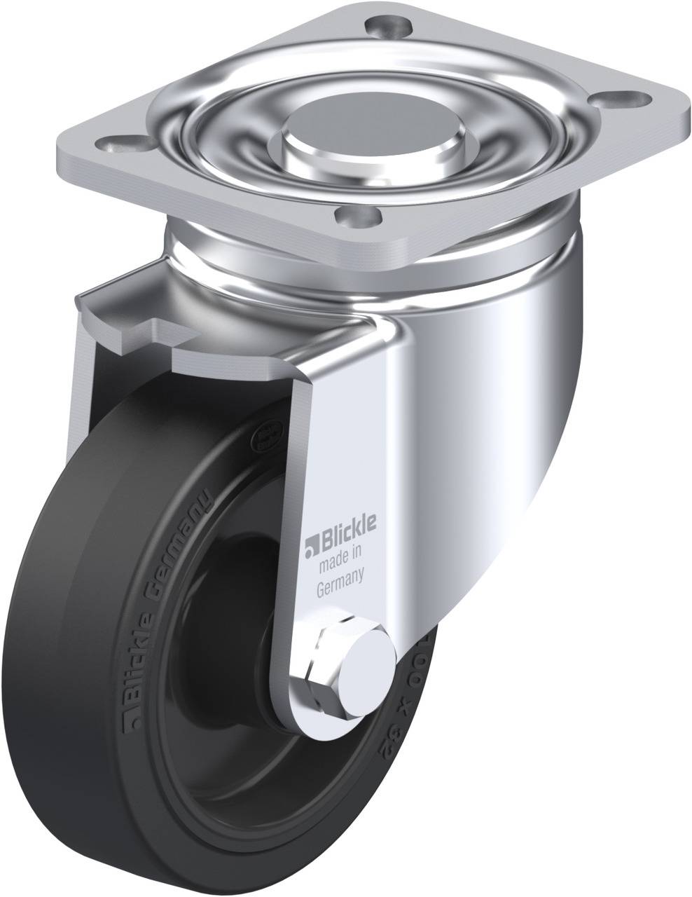 Schwenkrolle mit Gehäuse aus Metall und schwarzem Rad. Geeignet für Möbel oder Industrieanwendungen. Hersteller: Blickle.
