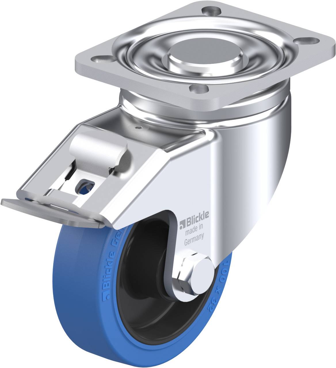 Metallisches Lenkrollenrad mit blauem Gummireifen und Befestigungsplatte, geeignet für Transportgeräte.