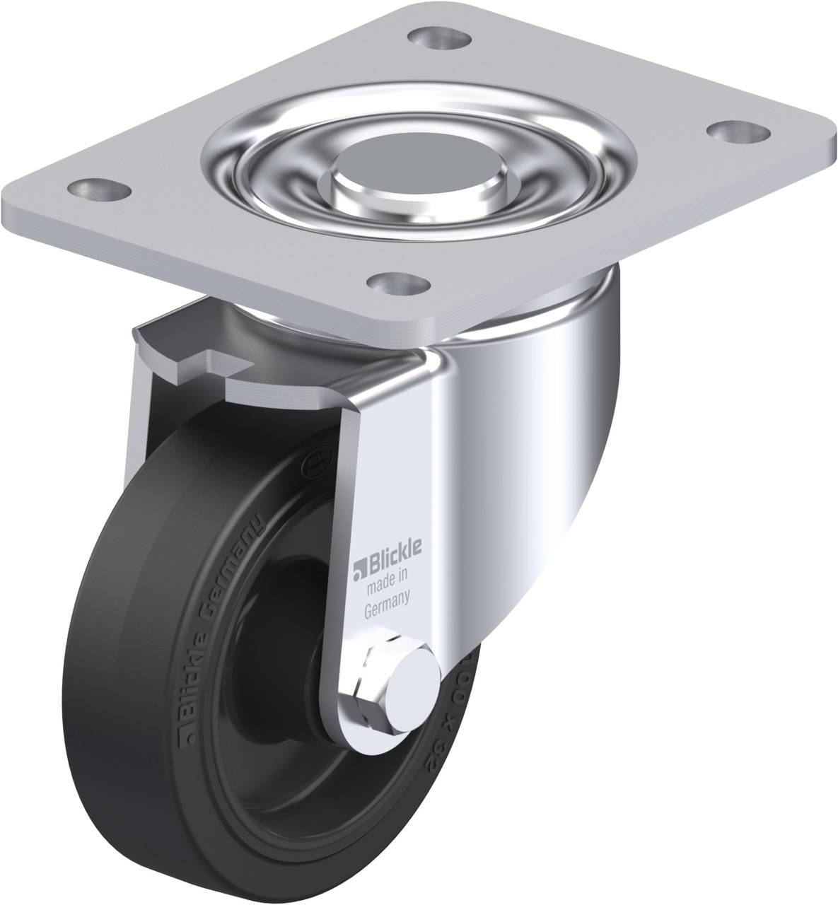 Ein Drehgelenk-Lenkrolle mit schwarzem Rad und silbernem Metallgehäuse, montiert auf einer quadratischen Metallplatte.