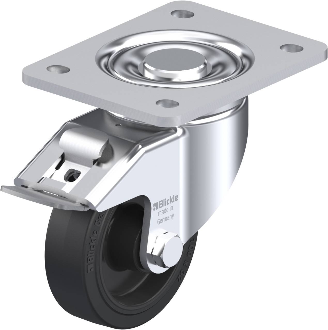 Lenkrolle aus Metall mit schwarzem Rad, montiert auf einer Metallplatte, nützlich für Möbel oder Maschinenbewegung.