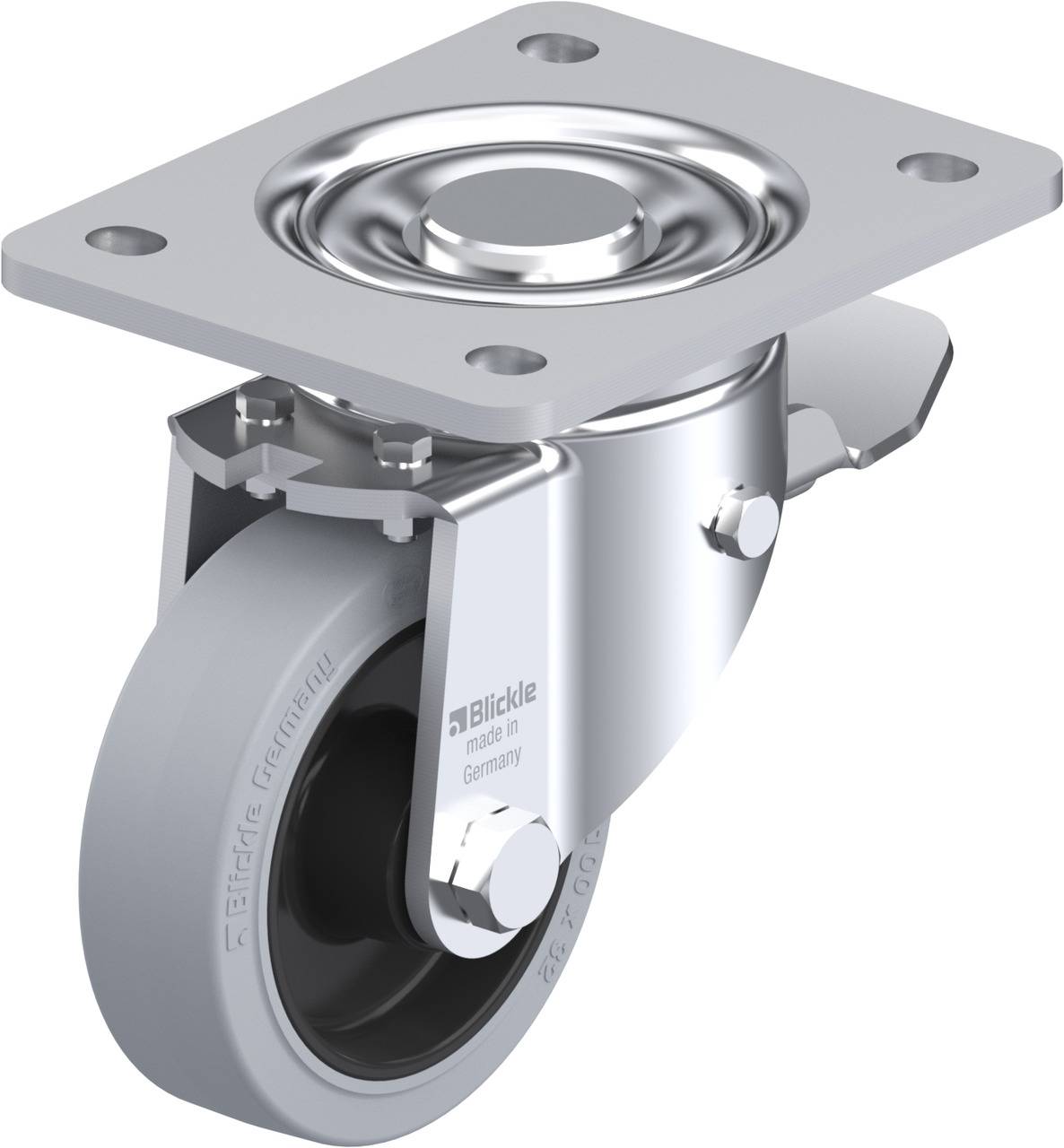 Schwenkrolle aus Metall mit grauem Rad, verwendet für Möbel oder Geräte zur einfachen Bewegung.