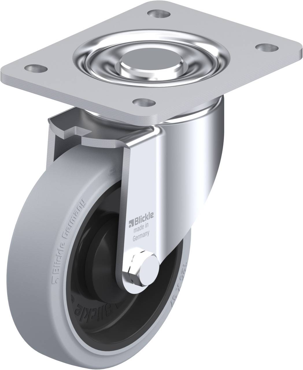 Metallisches Schwenkrad mit grauer Gummilauffläche und vier rechteckigen Befestigungsplatten. Geeignet für Möbel und Industrieanwendungen.