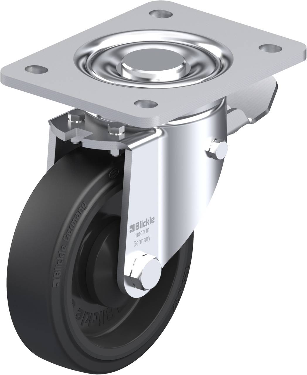 Ein drehbares Transportrollenrad mit Metallhalterung, schwarzem Reifen und einer Befestigungsplatte. Geeignet für industrielle Anwendungen.