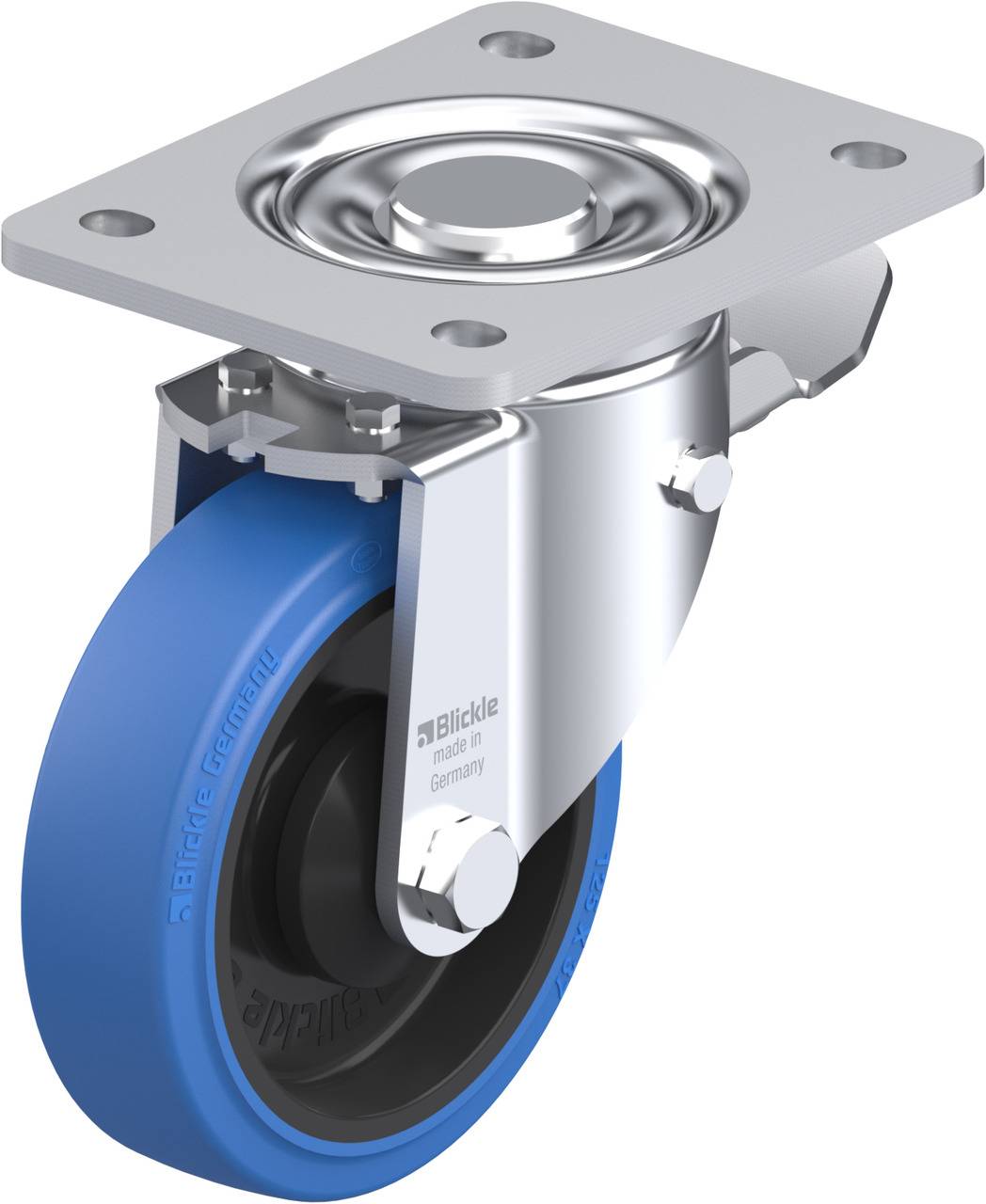Schwenkrolle mit blauer Gummibereifung und grauer Metallhalterung, geeignet für den Einsatz an Möbeln oder Transportwagen.
