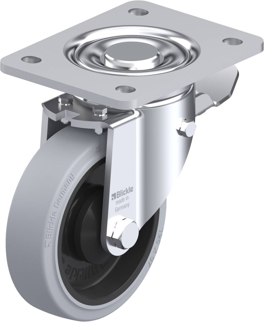 'Lenkrolle mit grauem Rad und Metallhalterung, geeignet für schwere Lasten. Markiert mit 