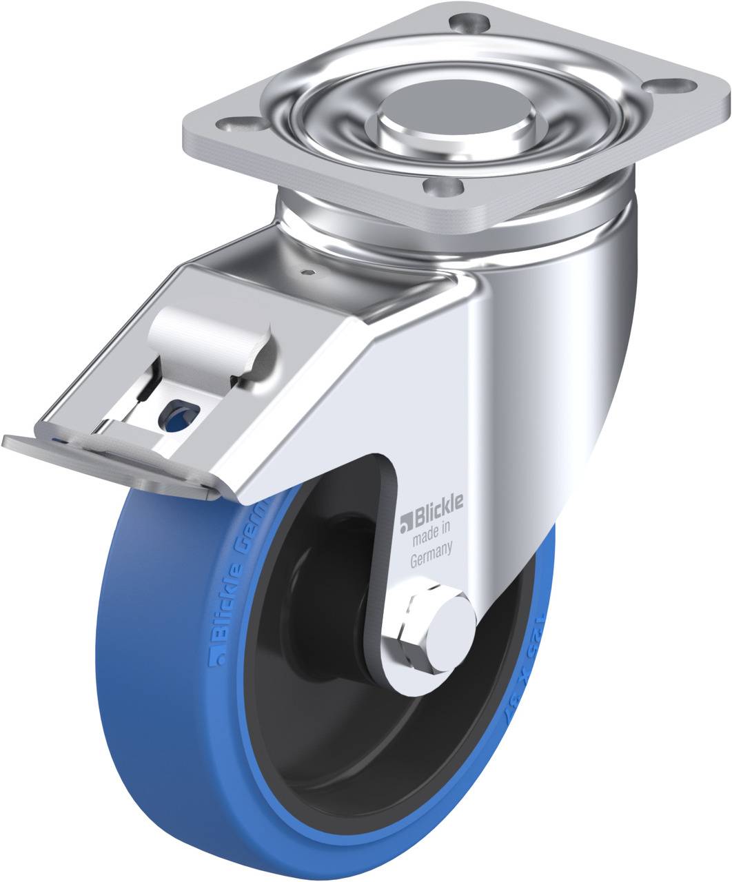 Eine graue Lenkrolle mit blauer Gummibeschichtung und Metallgehäuse, passend für Transportwagen und Möbel, im Profil dargestellt.