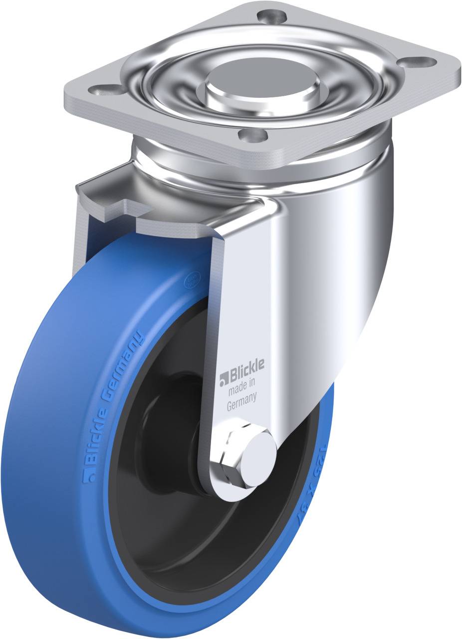 Eine blaue Lenkrolle aus Metall mit einer glänzenden Oberfläche und einer Montagescheibe oben. Sie ist für industrielle Anwendungen geeignet.