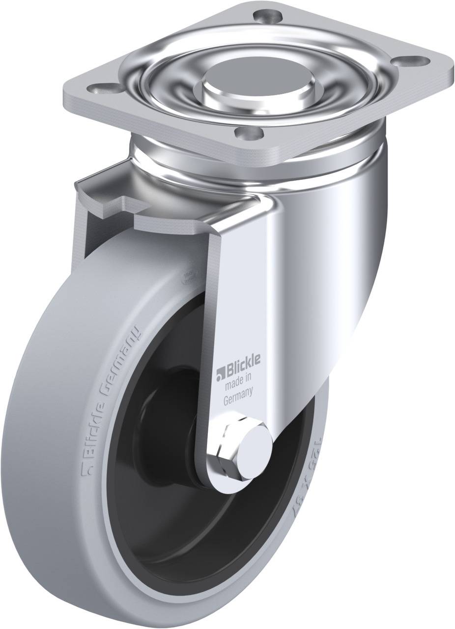 Metallrolle mit grauem Rad und Befestigungsplatte, geeignet für industrielle Anwendungen.