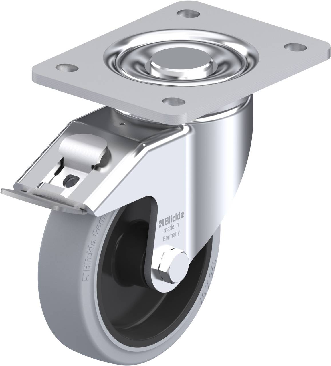 Schwenkrolle mit grauem Gummirad und Metallträger, geeignet für Möbel oder Geräte, bietet Flexibilität und Mobilität.