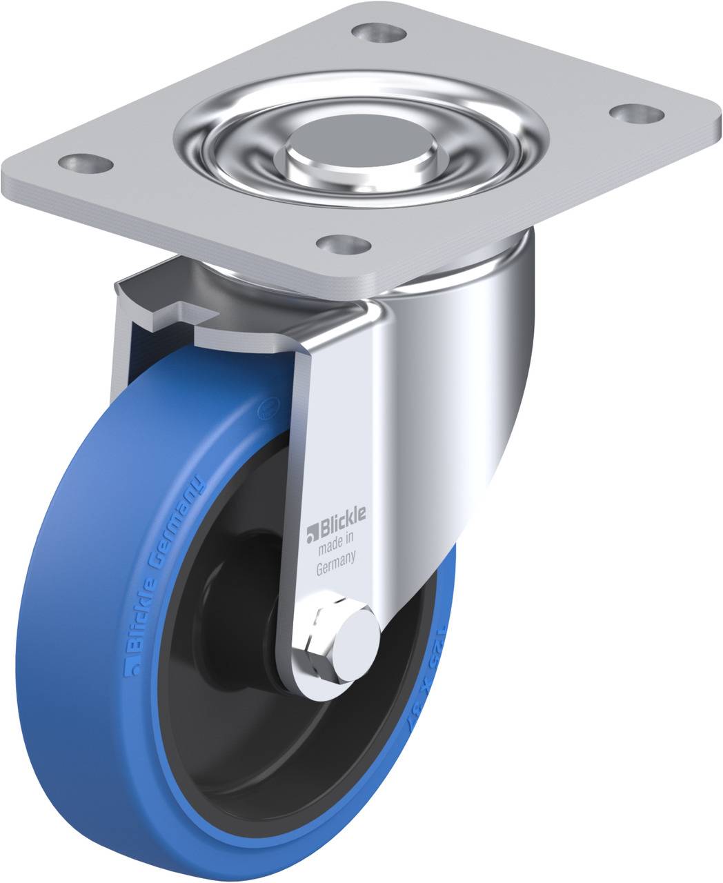 Schwenkrolle mit blauem Rad und Metallhalterung, geeignet für Möbel oder Geräte. Sie ermöglicht leichtes Drehen und Bewegen.