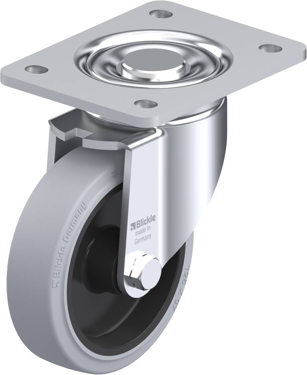 Industrieverbindungslaufrolle mit grauem Rad und silberner Halterung, geeignet für Möbel oder Transportgeräte.