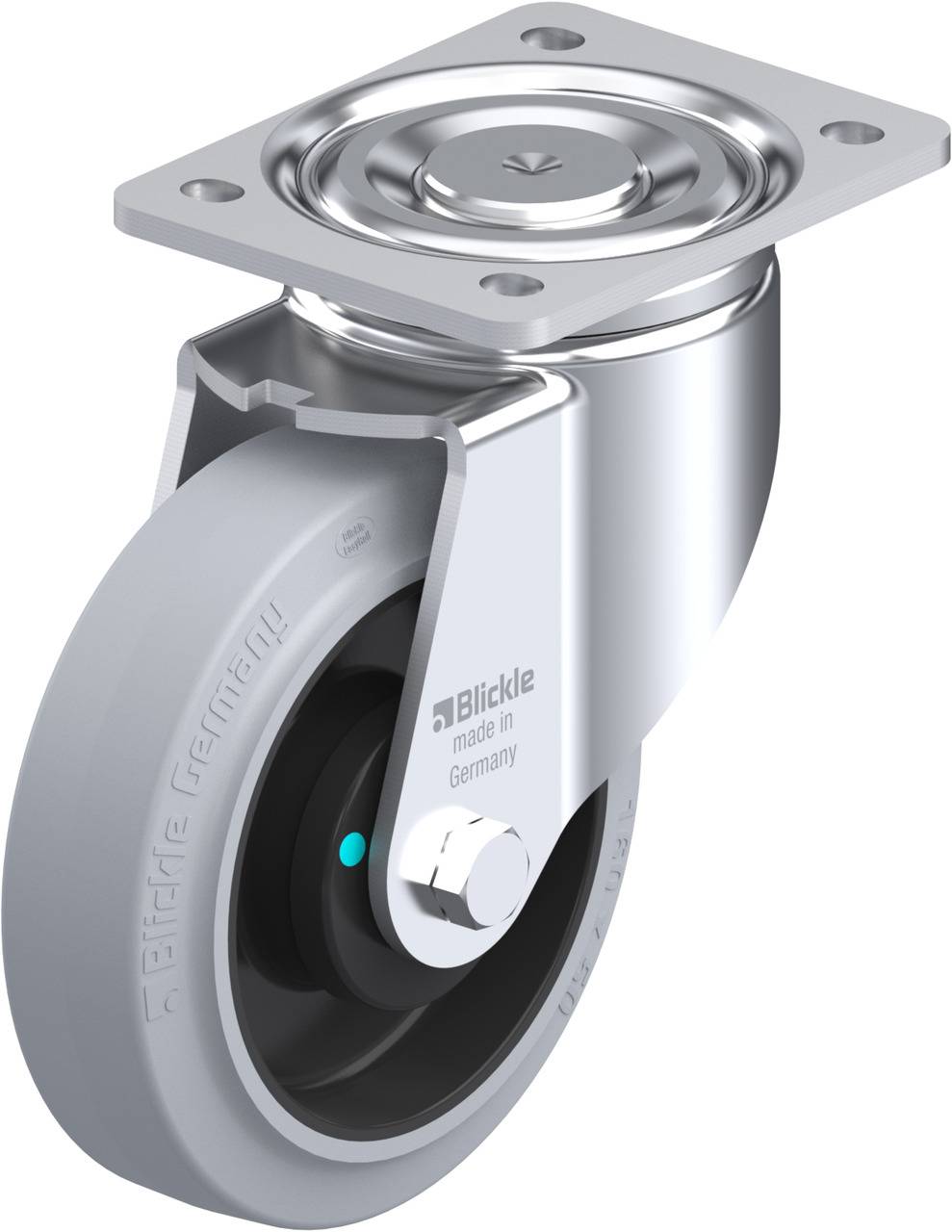 Schwenkrolle mit Befestigungsplatte, silberfarben, Gummi-Lauffläche. Text auf der Rolle: 'Blickle, made in Germany'.