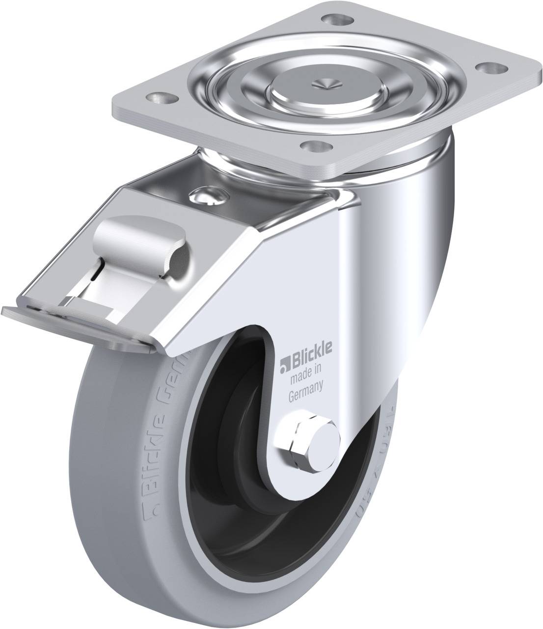Ein silbernes Schwenkrollenrad mit grauem Rad und Metallhalterung, geeignet für industrielle Anwendungen. Markiert mit 'Blickle'.