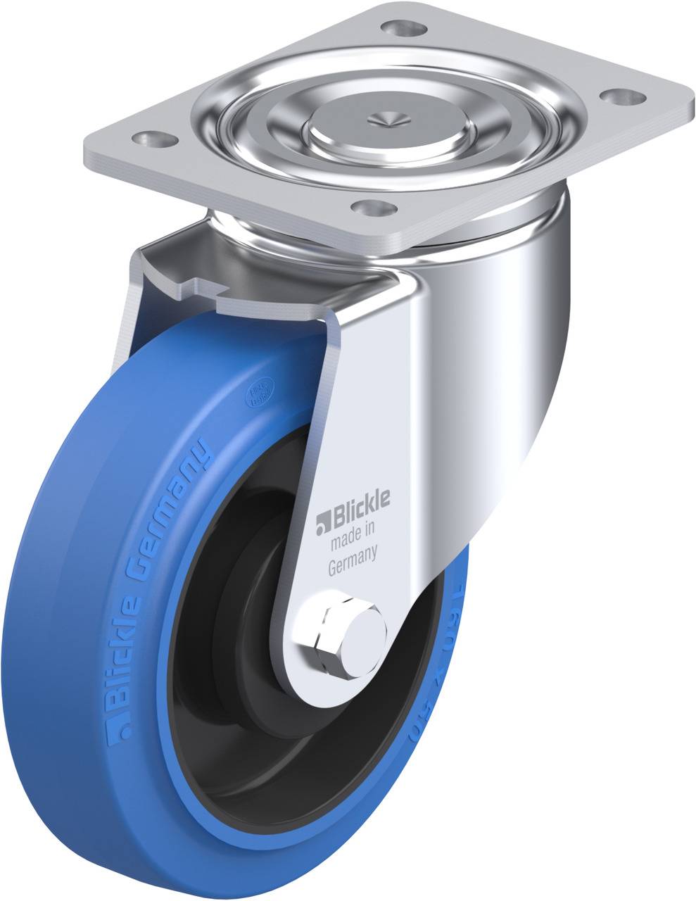 Schwenkrolle aus Metall mit blauer Gummibereifung und Befestigungsplatte, markiert mit 'Blickle made in Germany'.