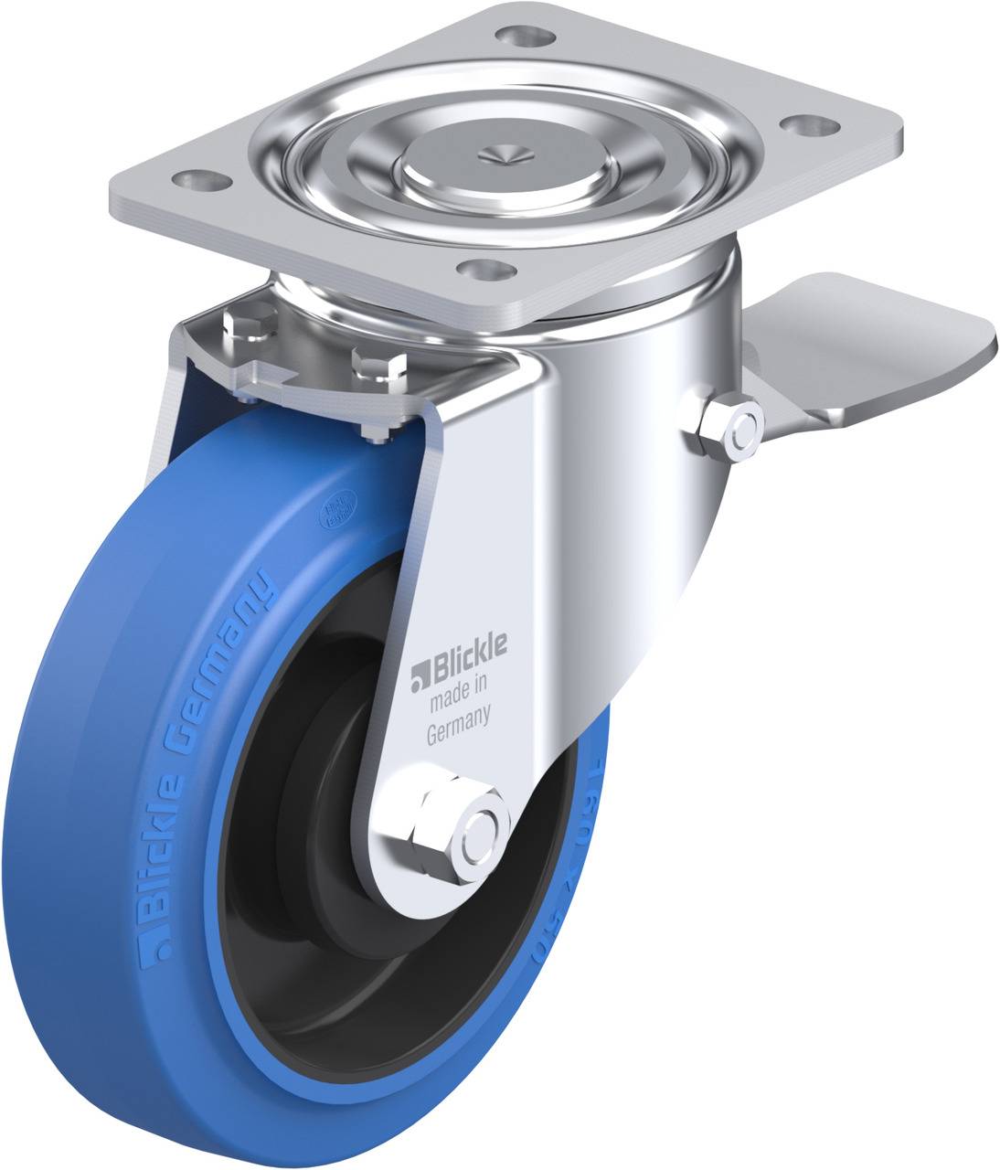 Drehbares Bockrolle mit blauer Gummirad, metallischer Halterung und Befestigungsplatte, beschriftet mit 'Blickle made in Germany'.