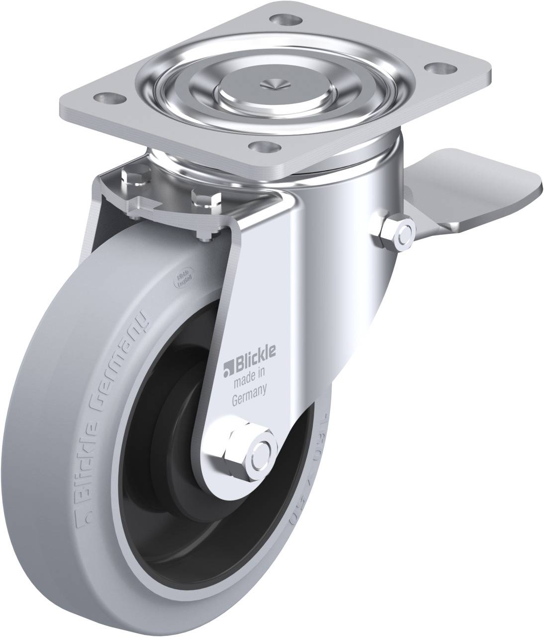 Schwenkrolle mit grauem Rad und silbernem Gehäuse, geeignet für Möbel und Industrie, mit Aufschrift 'Blickle made in Germany'.