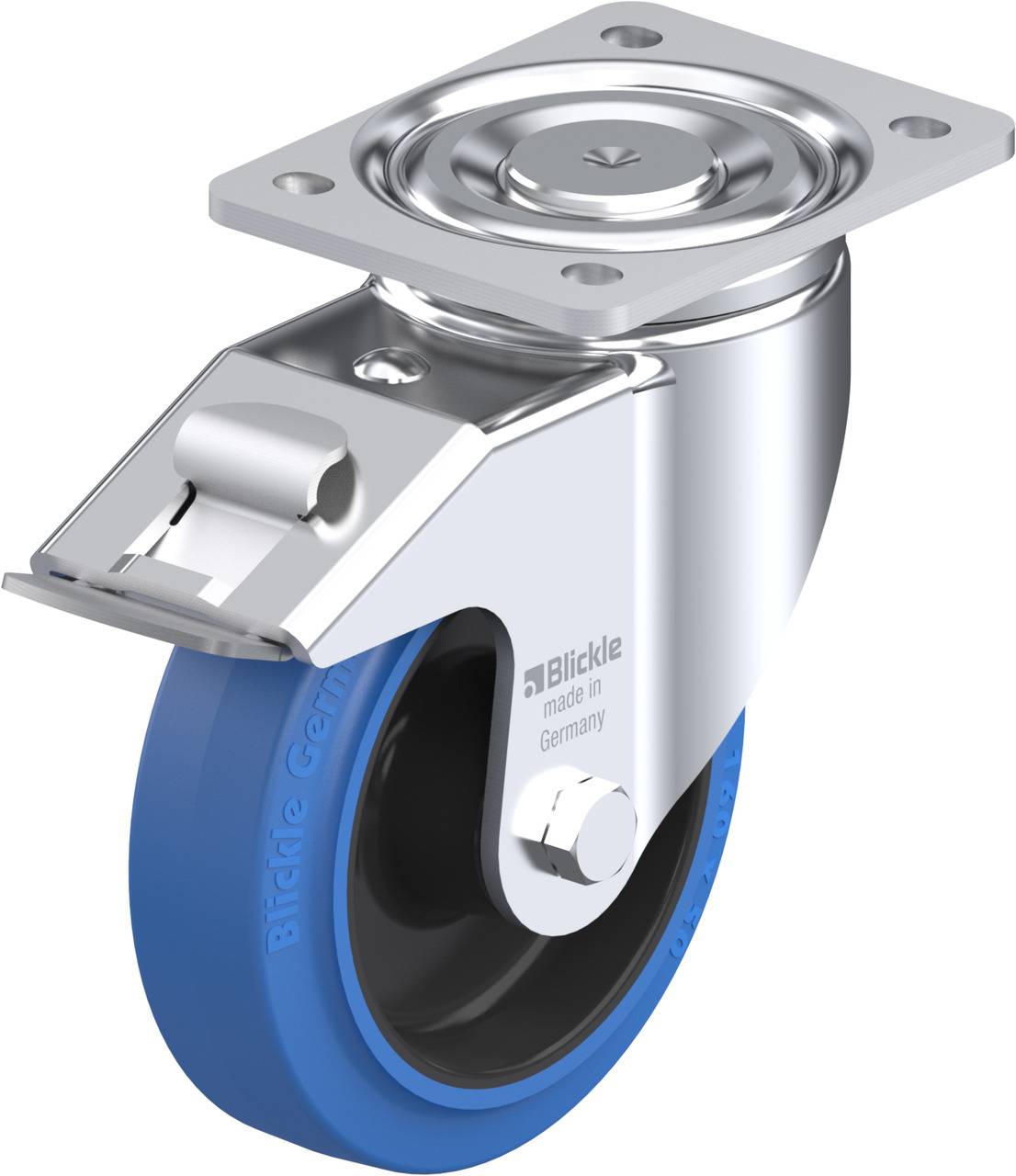 Eine Lenkrolle mit blauer Gummibereifung und silbernem Gehäuse, geeignet für Möbel oder Transportgeräte.