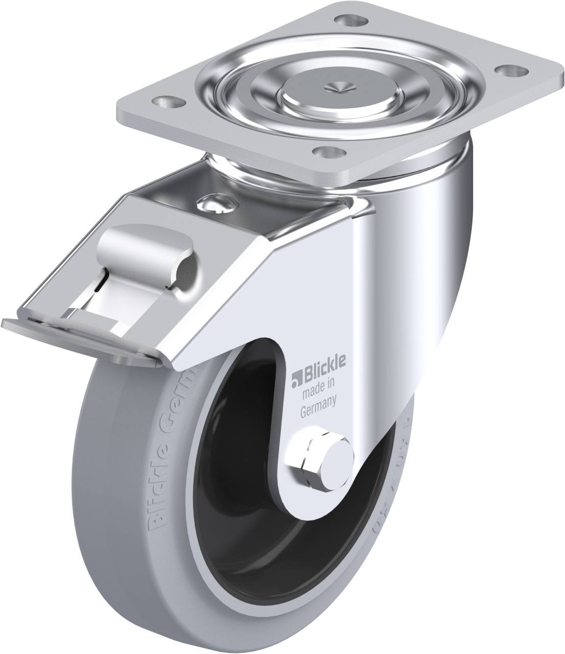 Metallrad mit Gummireifen und rotierender Montageplatte; hergestellt in Deutschland, geeignet für bewegliche Möbel oder Geräte.