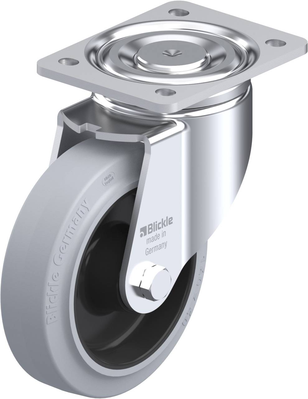 Metallrolle mit grauem Rad und Drehgelenk. Aufschrift 'Blickle made in Germany'. Geeignet für Möbel oder industrielle Verwendung.