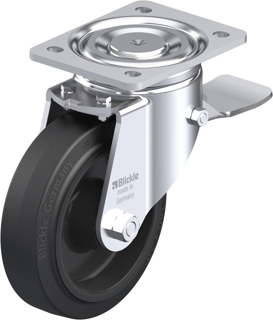 Drehbares Gehäuse mit schwarzem Rad und Befestigungsplatte. Aufschrift 'Blickle made in Germany'. Rollrad aus Kunststoff für Möbel.