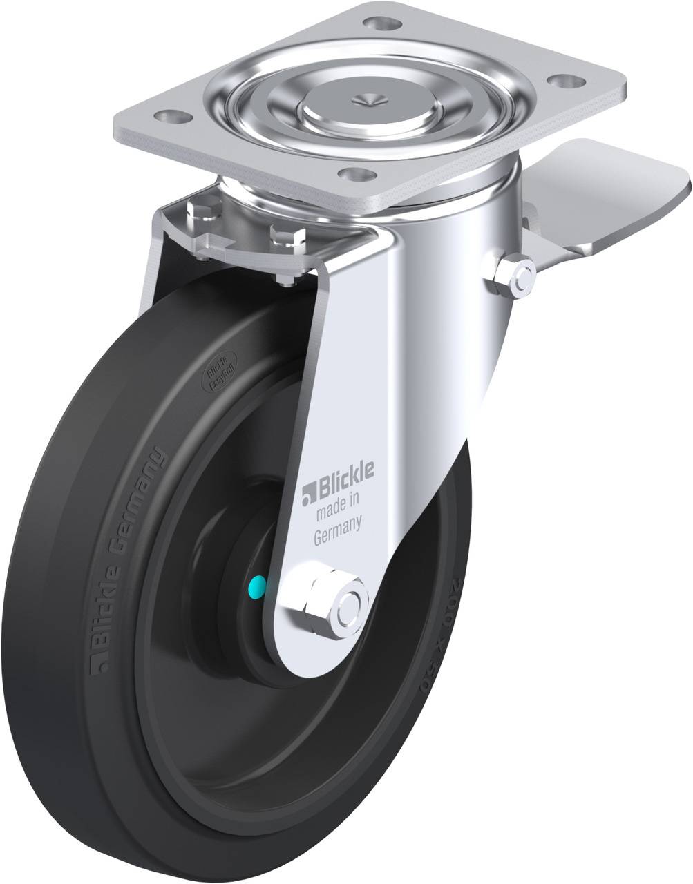 'Industrie-Lenkrolle von Blickle mit schwarzem Rad und silbernem Gehäuse, Aufschrift 