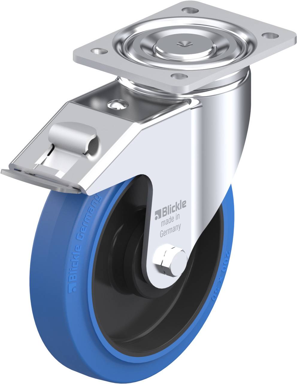 Eine Schwerlastrolle mit blauer Gummibereifung und Stahllagerplatte. Aufschrift: 'Blickle made in Germany' auf der Seite.