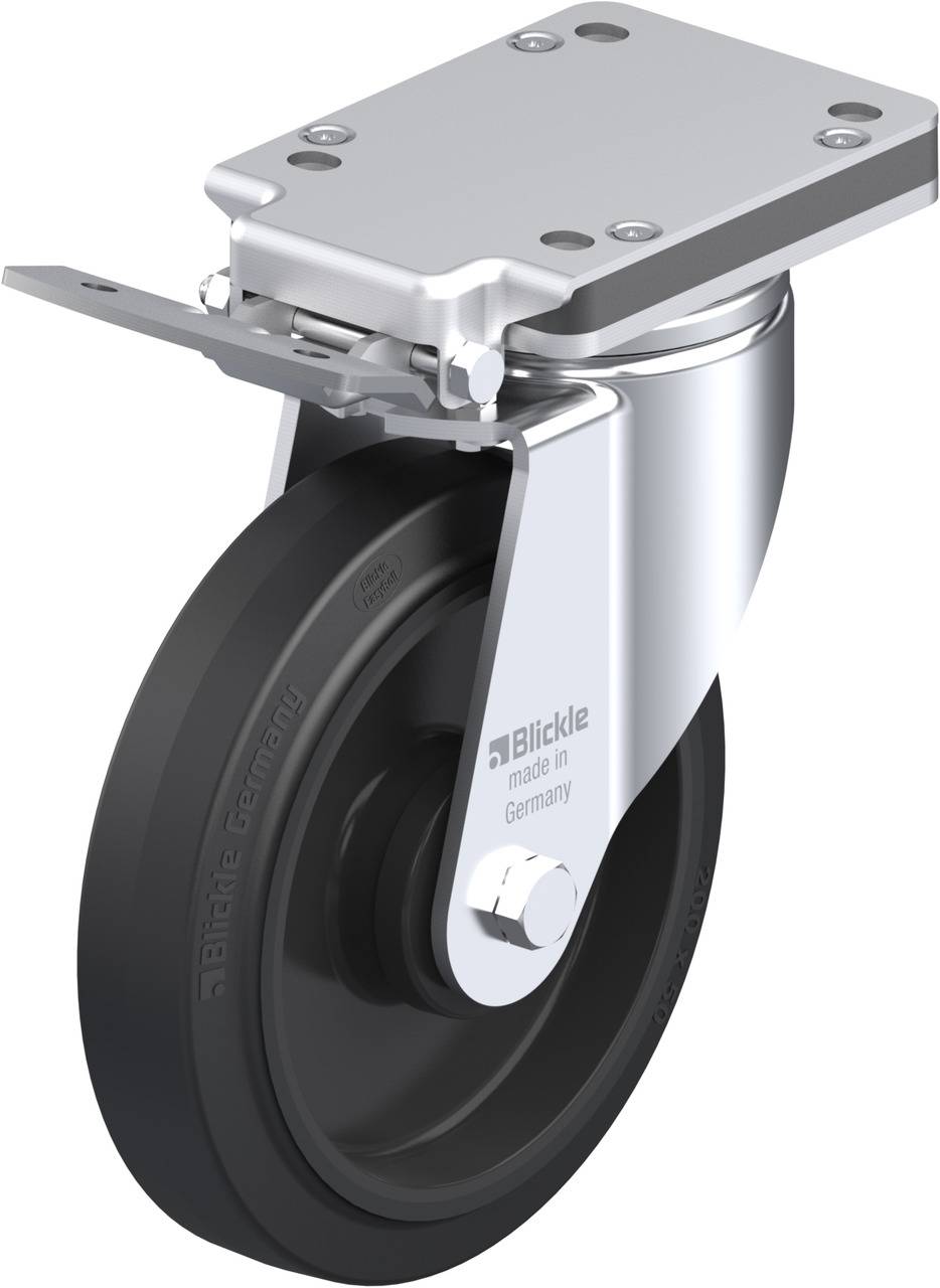 Schwenkrolle aus Metall mit schwarzem Rad, Halterung oben, geeignet für Industriemaschinen. Text auf Rolle: 'made in Germany'.