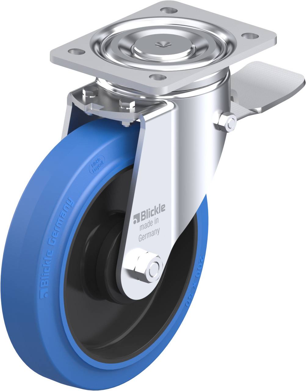 Ein blaues lenkbares Rollen mit einer silbernen Halterung, hergestellt in Deutschland, geeignet für Möbel oder Geräte.